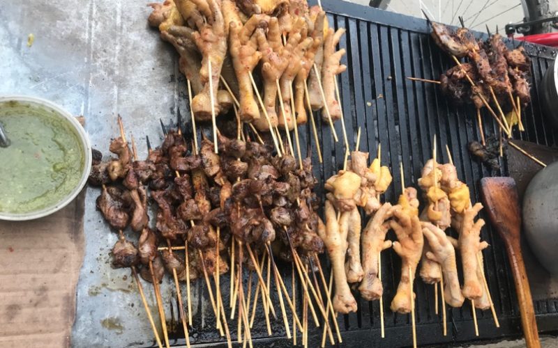 All parts of the chook are used, the meat, the giblets and even the feet..on a kebab