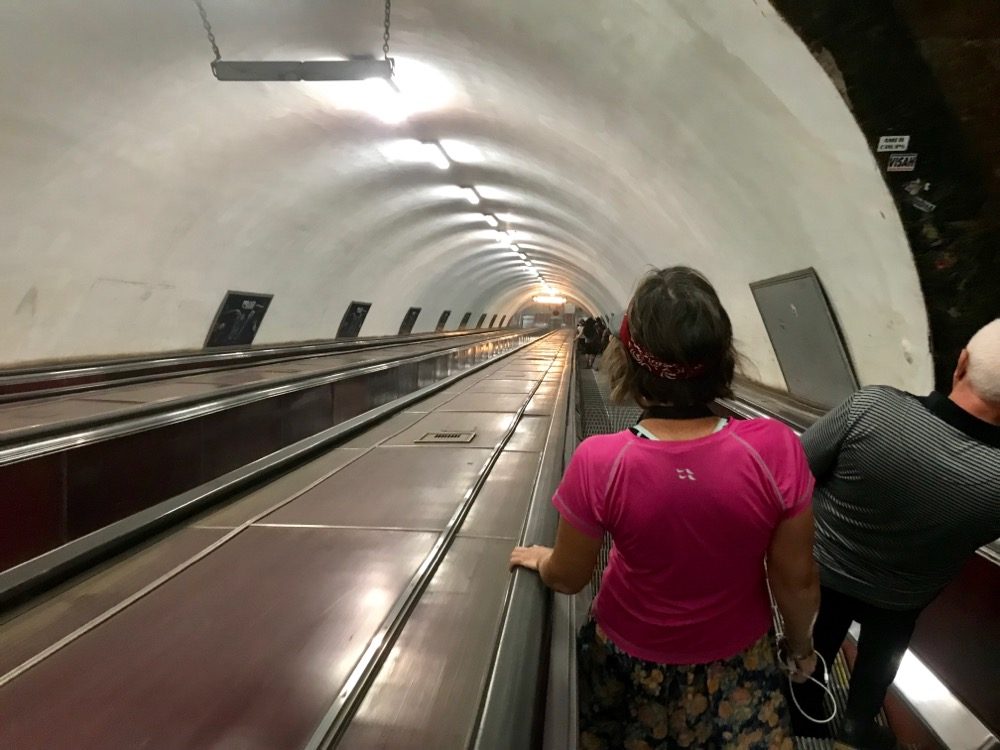 Back in Tbilisi we check out the metro to get across town for rabies shot #4. The deepest station is 60m underground, hence the long escalators. It costs 25c each ride irrelevant of how many stops