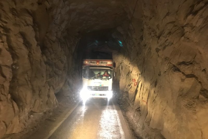 In one of the longer of the 33 tunnels and our bus driver has to reverse back out to let the truck through