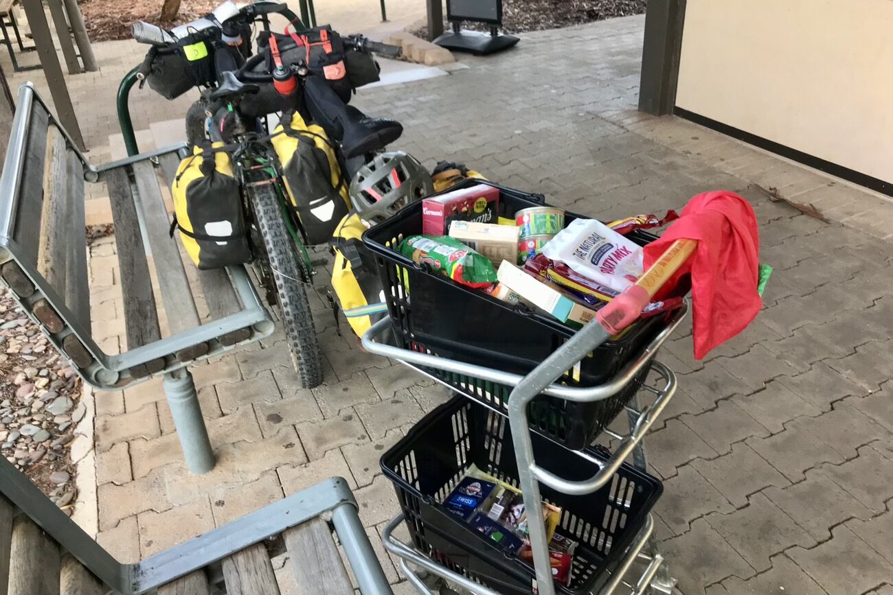 A big shop up at Leigh Creek supermarket. Food buying options diminish once we get to the end of the pavement. The amazing thing is that it fits in our bags.