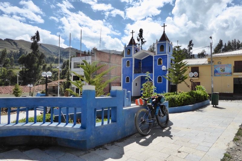The blue plaza, blue church and blue bike in Macashca