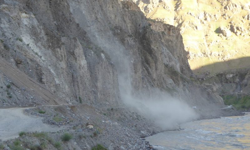 Dust plumes after the road closing rock fall