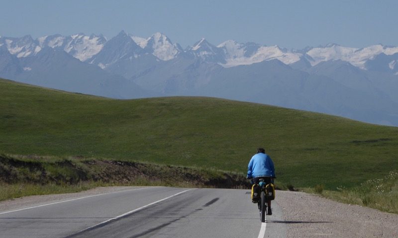 Peaks of the At-Bashy range as we enjoy one of the quieter paved roads in Kygyzstan – the road to Torogut pass and China