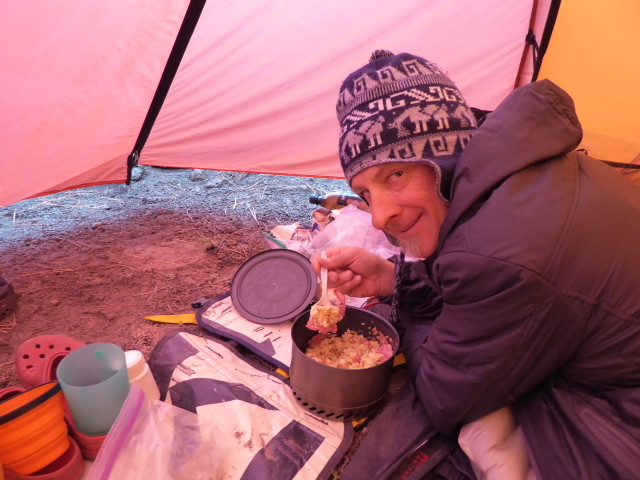 Don’t tell anyone that we are eating dinner in our tent – a bit of a no no in bear country – it was pouring with rain outside