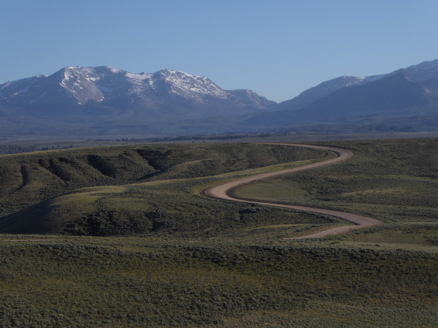 The winding road and Wind River mountains